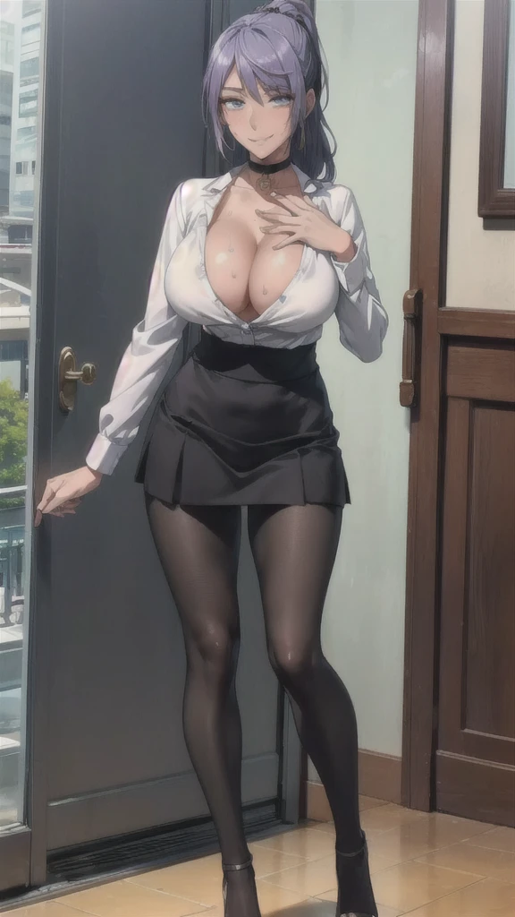 ((Correct Anatomy)),((Standing posture)),((Black Stockings)),((Standing posture)),((suit)),((White blouse)),((Pleated skirt),(((Black Pantyhose))),((((open-chest)))),((Beautiful feet)),((A shy smile)),Ultra-high resolution,Mature Woman, Mature Woman, Very detailed,Extremely fine skin,Beautiful Skin,((Sweating all over the body)),(Big Breasts),((Beautiful legs)),Perfect hands, Detailed fingers, Beautiful details, ((Long Hair)),((ponytail)),Black choker, Earrings,High heels,High rise office building,Perfect Eyes, Captivating eyes