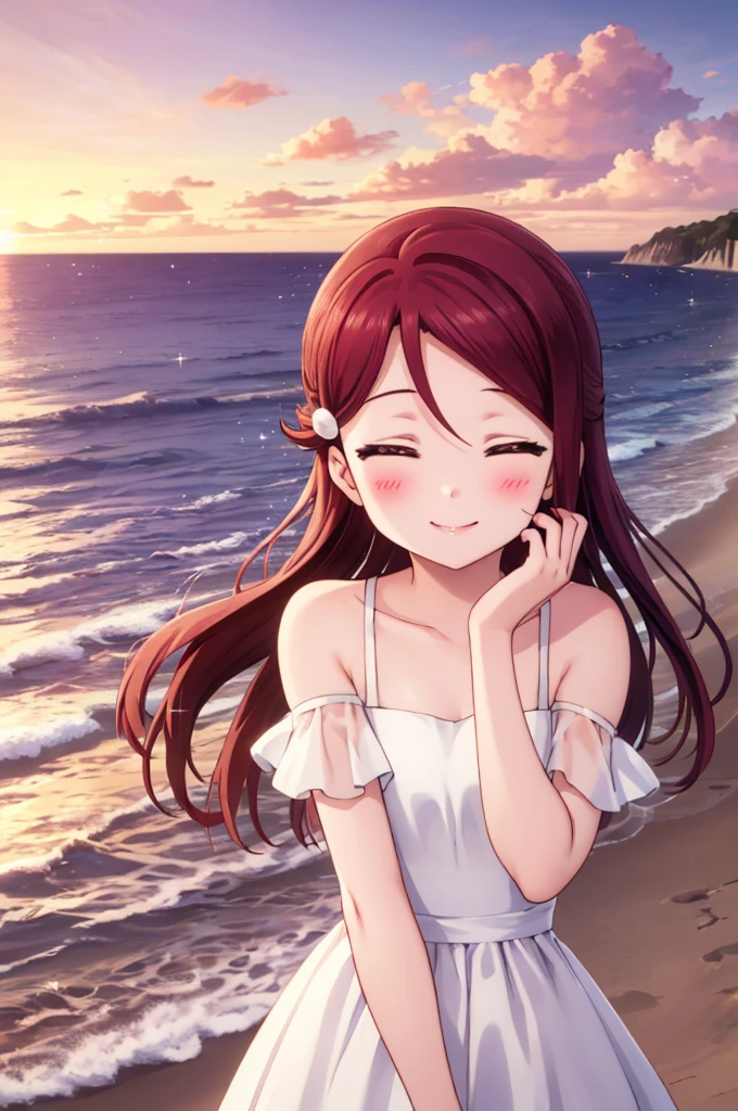 (masterpiece, Highest quality), One girl,  Riko Sakurauchi、smile, Blushing, Shiny Hair, Hair blowing in the wind, Close your eyes and lean in close, Sparkle Effect, beach、Sunset、Ocean、White dress