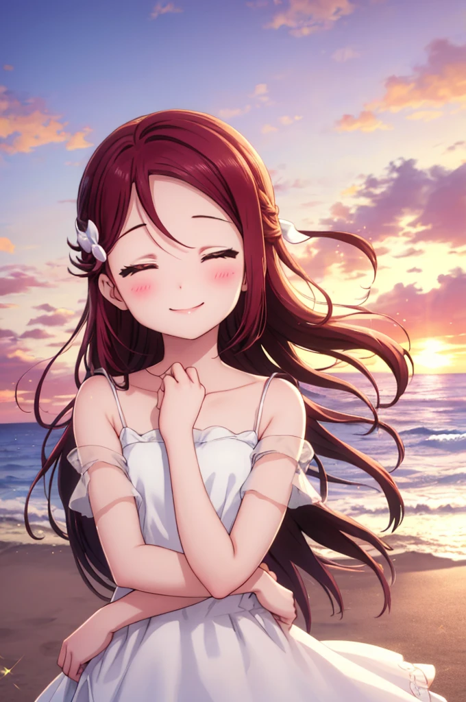 (masterpiece, Highest quality), One girl,  Riko Sakurauchi、smile, Blushing, Shiny Hair, Hair blowing in the wind, Close your eyes and lean in close, Sparkle Effect, beach、Sunset、Ocean、White dress