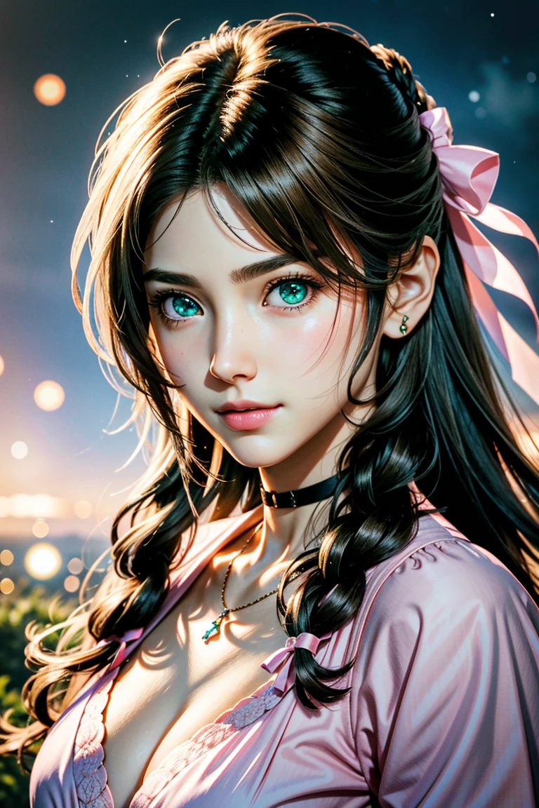 (masterpiece, 最high quality)
Aeris FF7, 1 Girl, alone, Long Hair, bangs, Brown Hair, dress, bow, ribbon, jewelry, Closed Mouth, Green Eyes, Red jacket, hair ピンクribbon, Upper Body, Braid, hair bow, Side Lock, choker, necklace, lips, parted bangs, pink bow, Portraiture, ピンクdress, Photorealistic,Ultra HD,high quality,masterpiece,Digital SLR,Detailed details,Intricate details,Anatomical basis,Depicted in detail,A detailed face,Realistic skin texture,Vivid details,Perfect Anatomy,Perfect Anatomy,Anatomically correct hand,Anatomically correct fingers,Super Detail,Complex 3D rendering,Huge ,Sexy pose,Beautiful hydrangea,Rainy Sky,Beautiful scenery,Fantastic rainy sky,Beautiful night sky,Picturesque,Pink Lips,smile,Fantastic butterflies々,