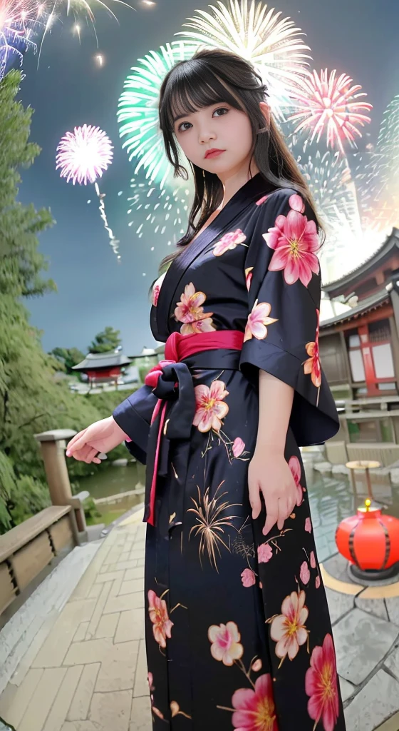 Highest quality、masterpiece、Ultra-high resolution、(Photorealistic:1.4)、RAW Photos、Detailed CG image quality、cyber punk、(Fireworks display:1.4)、Beautiful poop、One Girl、Japanese、18-year-old、(blue eyes:1.2)、Pink lipstick、Laughter、(Black hair:1.4)、Sunburned skin、(hair ornaments:1.4)、(Bathrobes:1.4), (Short length yukata:1.4)、Cleavage、Detailed portrait、8K quality、Concept Art、A dramatic, cinematic atmosphere、(Japanese Shrines:1.2)、(Japanese red and white lanterns:1.2)、Wind Chimes、(Festival Flag,)、Paper decoration、(3 + woman: 1.4)、Sharp focus、Volumetric lighting、Cinema Lighting、Colorful neon lighting、Depth of written boundary、Ambient Lighting、Blurred foreground、Blurred Background:1.3、(8mm fisheye lens:1.4)、(Angle from directly below:1.4)、(The whole body is visible:1.4)、