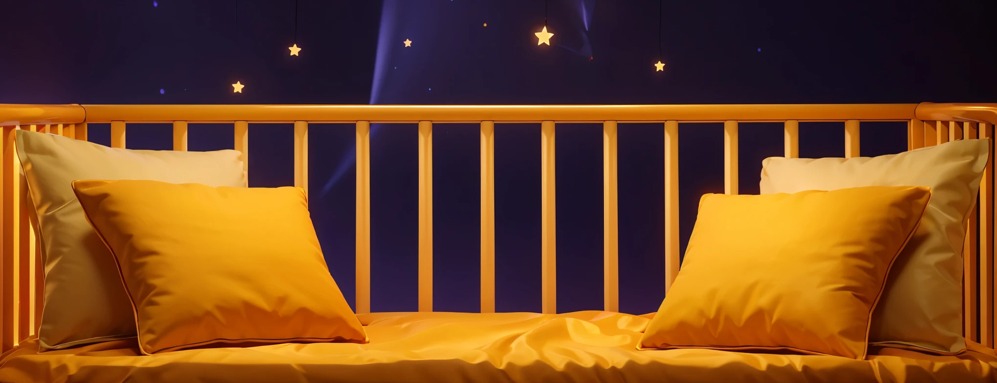 The image features a cozy, inviting children's cot. The cot is styled with wooden sides painted in a warm, rich orange tone. It's adorned with plush golden-yellow bedding and two large pillows that add comfort and aesthetic appeal. Behind the cot, deep purple curtains are draped, adorned with tiny, glowing star motifs and string lights that create a soothing, starry night ambiance. This setting evokes a peaceful and magical atmosphere, suitable for a child's dreamy bedtime environment.The purple background adds a vibrant contrast to his attire and accessories.аffects render, (glossy plastic texture with multiple big light probe refractions), perfect cgi, smooth silhouette, high intensity refraction, (super glossy plastic material), most beautiful vfx, , realistic, 4k, high resolution, rim light, smooth 3d model, multiple light sources, rim light, sharp post effects render,, realistic, 4k, high resolution, rim light detailed digital art, reflective, best quality, 4k, masterpiece:1.2, ultra-detailed, realistic, vivid colors, The image of the highest quality, ensuring every detail showcased perfectly. It in 4k resolution, allowing viewers to immerse themselves in the richness of the colors and intricate details. The realistic rendering. under the spotlight, reflecting, high-resolution image, realistic rendering