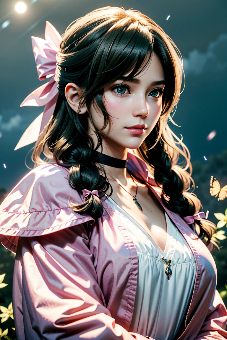 (masterpiece, 最high quality)
Aeris FF7, 1 Girl, alone, Long Hair, bangs, Brown Hair, dress, bow, ribbon, jewelry, Closed Mouth, Green Eyes, Red jacket, hair ピンクribbon, Upper Body, Braid, hair bow, Side Lock, choker, necklace, lips, parted bangs, pink bow, Portraiture, ピンクdress, Photorealistic,Ultra HD,high quality,masterpiece,Digital SLR,Detailed details,Intricate details,Anatomical basis,Depicted in detail,A detailed face,Realistic skin texture,Vivid details,Perfect Anatomy,Perfect Anatomy,Anatomically correct hand,Anatomically correct fingers,Super Detail,Complex 3D rendering,Huge ,Sexy pose,Beautiful hydrangea,Rainy Sky,Beautiful scenery,Fantastic rainy sky,Beautiful night sky,Picturesque,Pink Lips,smile,Fantastic butterflies々,