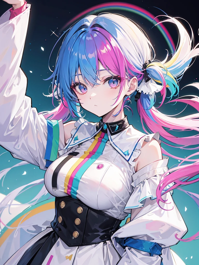 rainbow colored hair, twin tail, Moderate breasts, White uniform, black choker, Off shoulder