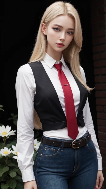 Hair blond long , eyes brown,lips red,body curvy ,shirt tall white with flowers, jeans, belt pants black,Tie neck taller Black,cinematic lighting, ultra detailed, perfect face