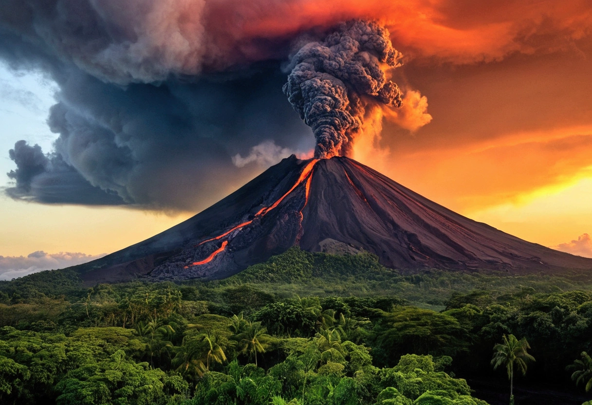 A breathtaking display of raw natural beauty, A majestic volcano towers over a lush, vibrant landscape, symbolizing the incredible power of self-healing and regeneration. The Earth&#39;s amazing ability to repair itself、It is depicted in visually stunning scenes., Where volcanic eruptions give birth to new life and thriving ecosystems. Like lava flowing down a mountain, It transforms barren land into fertile land, Cultivating new forests、Promising a bright future for diverse flora and fauna. The volcano emits an ethereal glow, Communicating the essence of renewal, healing, and、Our planet embodies regeneration.