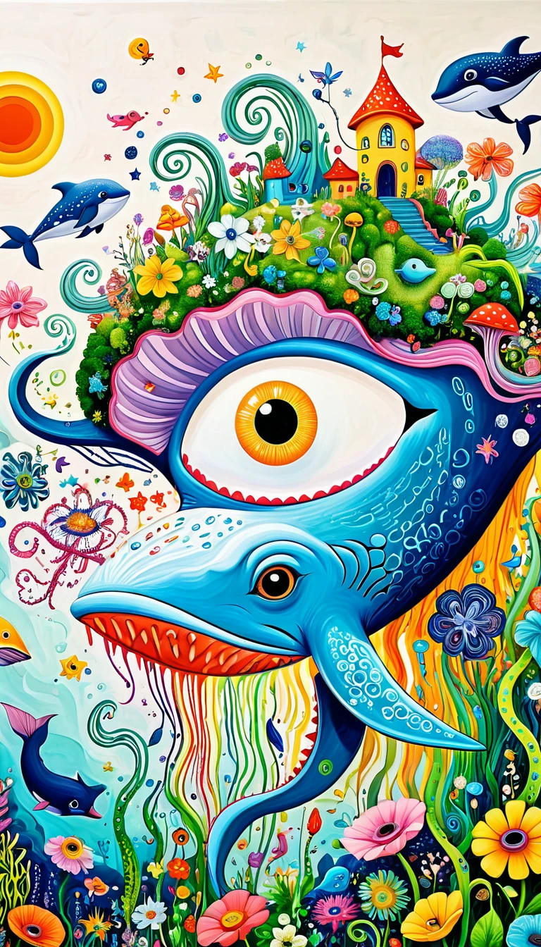 Children's graffiti,Thick coating,Concave and convex texture,Oil pastel strokes:Artists from the stars,Flying Whale:1.37、White Cloud、flowesh、Tentacles、bird、(((Eye)))、diatom,Abstract mosaic painting,Describing the inner world of autistic people,Large area of white,interesting,Innocence,Vision,Psychedelic Art,