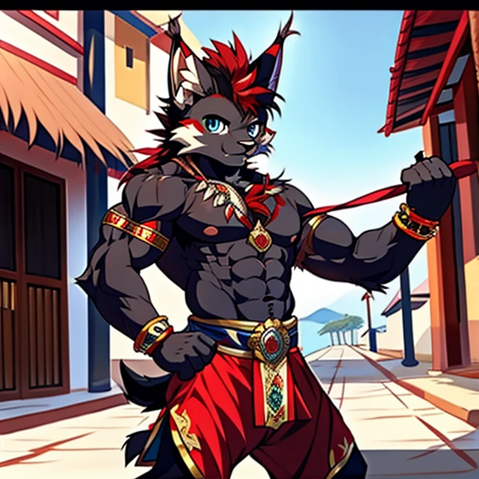 Best quality, Young, 15 year old, Furry, Solo, Male black lynx cat: 1.5, (black fur), (black fur), black fur, blue eyes, red chest hair, black long hair, black mane, red hair, red armpit hair, red whiskers, Humanoid hands, Muscular body, Abs, Wearing Red Muay Thai Style Clothes, Topless, Standing in the street of Thailand, Red Mohawk hair, Detailed black fur, Detailed cloths, Thailand.