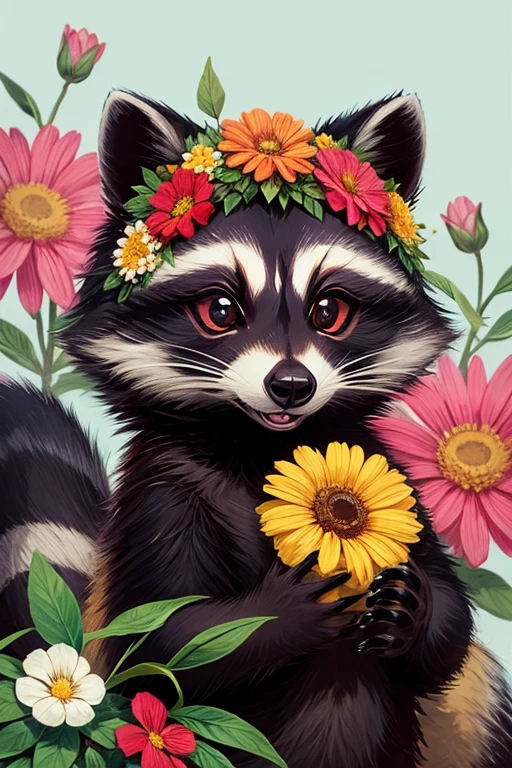 Raccoon with big eyes, Floral,