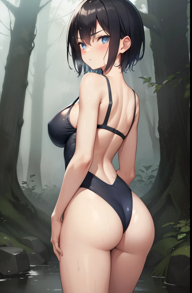 forest,rain,soil,fog,cloudy,Girl 1,boyish,short hair,Black Hair,blue eyes,Blue leotard,Super High Leg Cut,barefoot,blush,barefoot,Serious face,Embarrassing,Wet,Big Breasts,Are standing,Back view,return,Butt,Cowboy Shot,Bite,Thong,