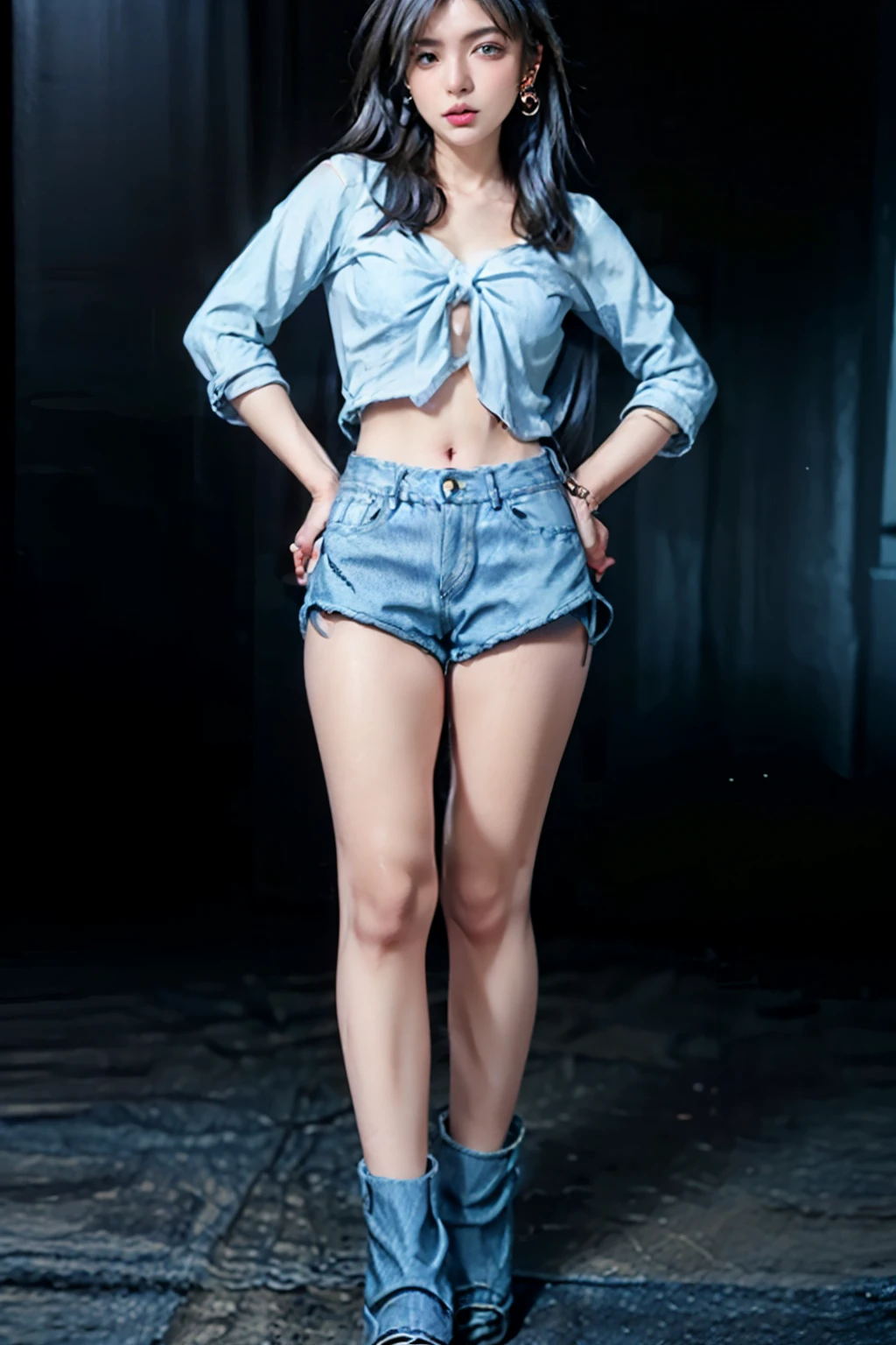 (tall:2),(photo realist: 1.2), (hiper realist: 1.2), (realistic: 1.2), (smoother lighting: 1.2), (Improve the quality of movie lighting: 1.2), (RAW photo:1.2), (better quality:1.2), (perfect eyes:1.2), (masterpiece:1.2), (Physically based rendering:1.2), (ultra high resolution:1.2), (best quality:1.2),(standing:2),(full body photo:2),(y pose:2),(long hair:1.2),(beauty face:1.2),(earring:2),(tied shirt:1.2),(denim micro shorts:2),(belt:1.2),(simple background:2),(shiny skin:1.2),(navel:1.2)