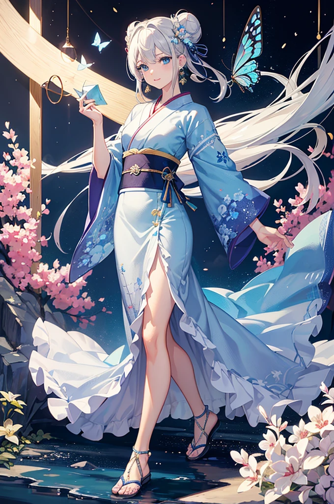 High resolution, masterpiece, accurate, Anatomically correct, Winner of numerous awards, Highest quality, High-resolution model, 
One girl, solo, 
Silver Hair，Bun Hair, 
Crystal Earrings, Ice Blue Eyes, Butterfly Hair Ornament Smiling Yukata, Festive night background full body