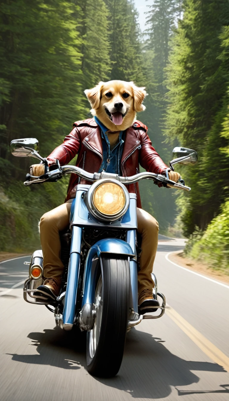 Easy Rider vibes, A dog is driving a large motorcycle, Personification, Real, live-action