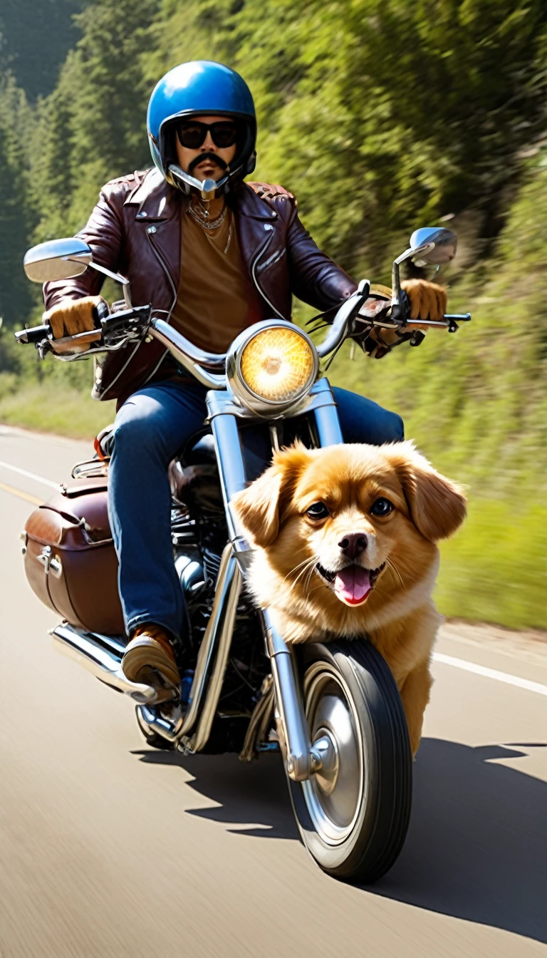 Easy Rider vibes, A dog is driving a large motorcycle, Personification, Real, live-action