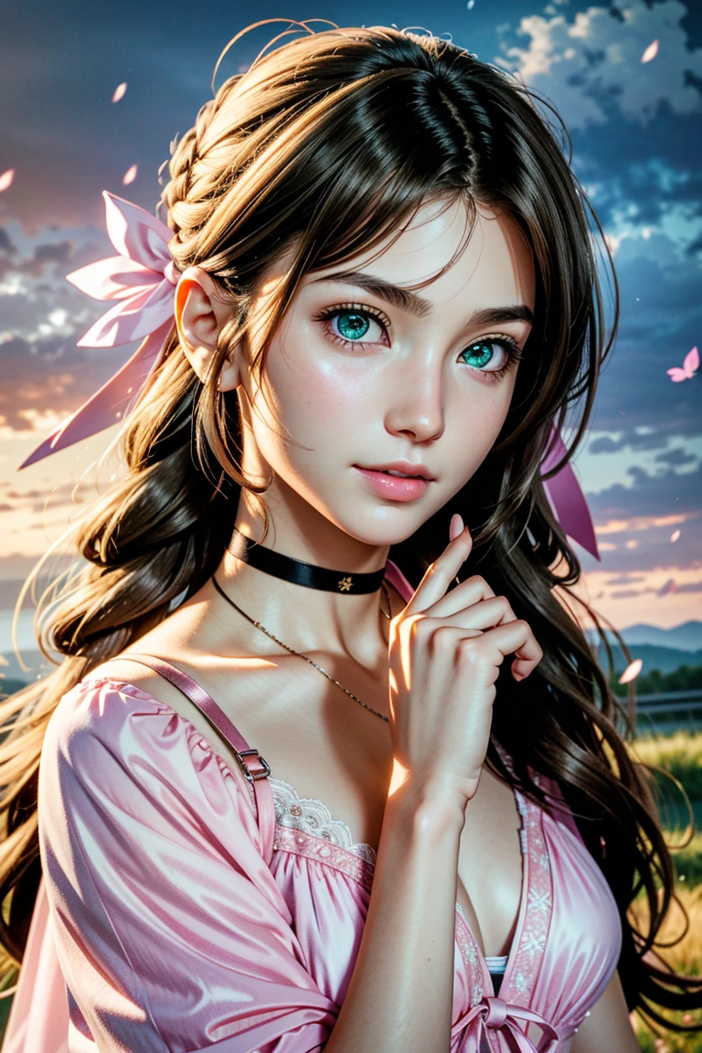 (masterpiece, 最high quality)
Aeris FF7, 1 Girl, alone, Long Hair, bangs, Brown Hair, dress, bow, ribbon, jewelry, Closed Mouth, Green Eyes, Red jacket, hair ピンクribbon, Upper Body, Braid, hair bow, Side Lock, choker, necklace, lips, parted bangs, pink bow, Portraiture, ピンクdress, Photorealistic,Ultra HD,high quality,masterpiece,Digital SLR,Detailed details,Intricate details,Anatomical basis,Depicted in detail,A detailed face,Realistic skin texture,Vivid details,Perfect Anatomy,Perfect Anatomy,Anatomically correct hand,Anatomically correct fingers,Super Detail,Complex 3D rendering,Huge ,Sexy pose,Beautiful hydrangea,Rainy Sky,Beautiful scenery,Fantastic rainy sky,Beautiful night sky,Picturesque,Pink Lips,smile,Fantastic butterflies々,