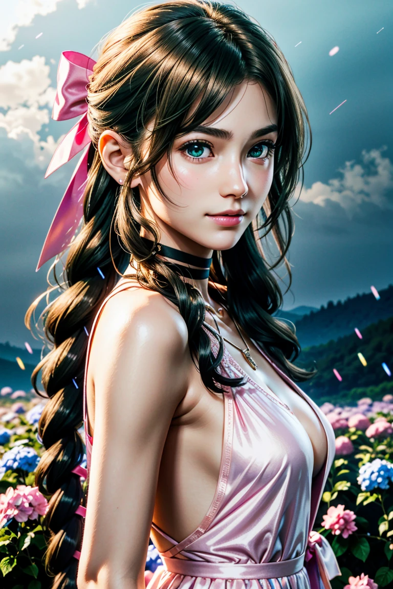 Aerith,FF7, Long Hair, bangs, Brown Hair, bow, ribbon, jewelry, Green Eyes, hair ピンクribbon, Braiding, hair bow, Side Lock, choker, necklace, lips, parted bangs, pink bow, Portraiture, Realistic,Super high quality,high quality,masterpiece,Digital SLR,Detailed explanation,Exquisite details,Anatomical basis,Detailed Description,Detailed face,Realistic skin texture,Sharp details,Perfect Anatomy,Perfect Anatomy,Anatomically correct hand,Anatomically correct fingers,Super Detail,Complex 3D rendering,Sexy pose,The beautiful world of Final Fantasy 7,Pink Swimsuit,Wet,Beautiful night sky,A starry sky,Beautiful beaches,Fantastic night beach,shooting star,Fantasy worldview,Picturesque,Pink Lips,smile,Brighten up your expression,