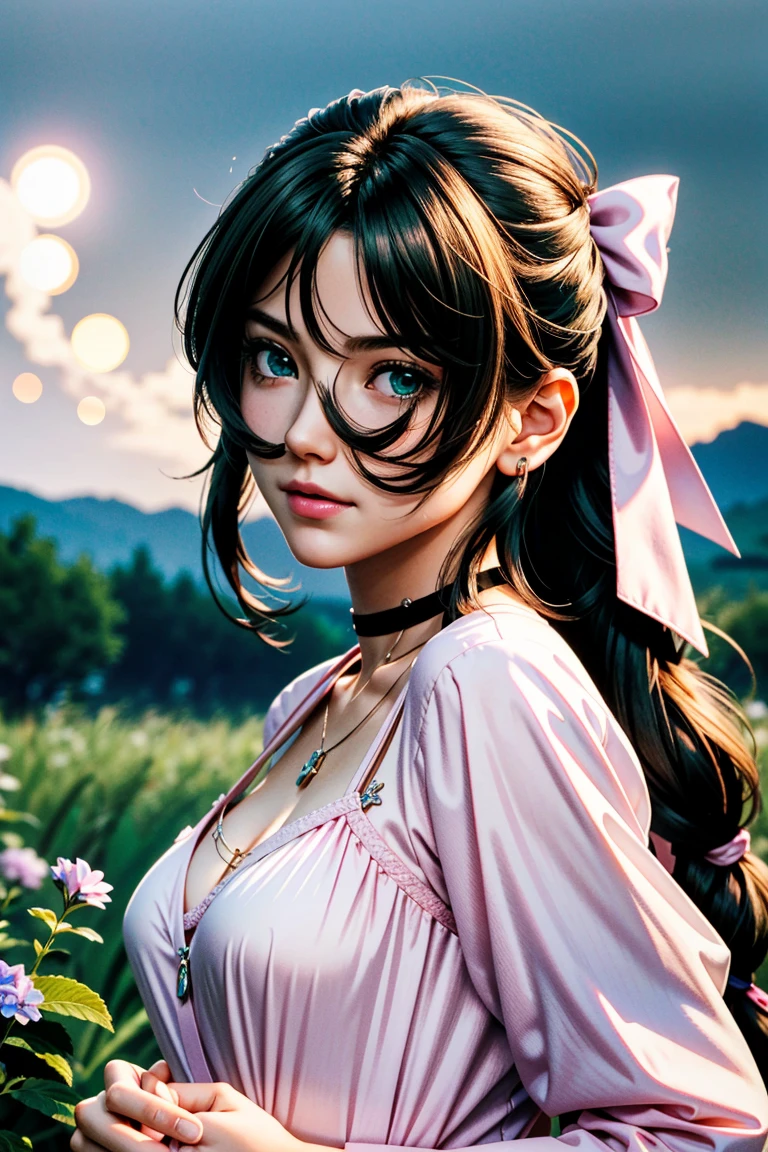(masterpiece, 最high quality)
Aeris FF7, 1 Girl, alone, Long Hair, bangs, Brown Hair, dress, bow, ribbon, jewelry, Closed Mouth, Green Eyes, Red jacket, hair ピンクribbon, Upper Body, Braid, hair bow, Side Lock, choker, necklace, lips, parted bangs, pink bow, Portraiture, ピンクdress, Photorealistic,Ultra HD,high quality,masterpiece,Digital SLR,Detailed details,Intricate details,Anatomical basis,Depicted in detail,A detailed face,Realistic skin texture,Vivid details,Perfect Anatomy,Perfect Anatomy,Anatomically correct hand,Anatomically correct fingers,Super Detail,Complex 3D rendering,Huge ,Sexy pose,Beautiful hydrangea,Rainy Sky,Beautiful scenery,Fantastic rainy sky,Beautiful night sky,Picturesque,Pink Lips,smile,Fantastic butterflies々,