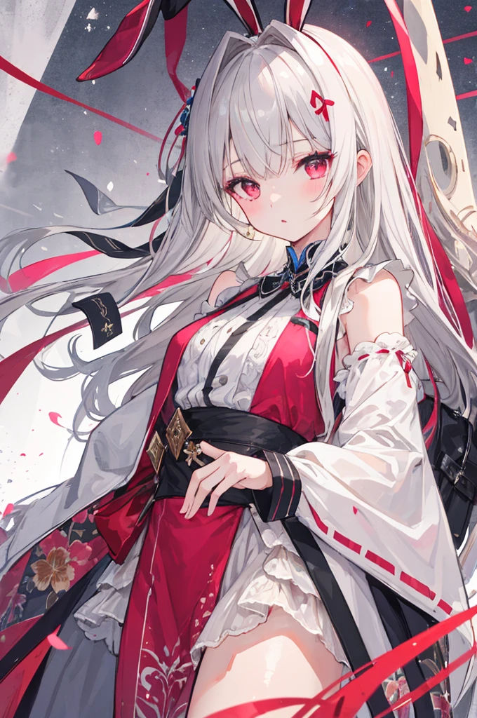 masterpiece, Highest quality, High resolution, One boy, Cream colored hair, Gray Hair, Pearly hair, Nice boy, Bunny ears, Loose-fitting clothing, Larger clothes, dark red eye, eyeの下のたるみ, dark circles under eye, Shocking pink lipstick,, She&#39;s wearing cute makeup,やみcute, Fluffy hair, Voluminous Hair, skinny, slim, very skinny, Androgynous, cute, Spooky, short hair, Horror, Faded colors, White skin, Spooky, Unnaturally thin, Hungry, eye, eye in background, sharp eye, Long eyelashes, Under the lashes, Loose shorts, lace shirt, Frilled shirt, tie a ribbon around one&#39;s neck, Detailed clothing, A loose cardigan, Open cardigan, Dripping Blood, That&#39;s horrible, nightmare, Haunted, stitch, patchwork, String, Injury, hell, Injury on arms, self-harm, cut, Black Fingers, factory, Abandoned, Scattered,  Large breasts, 