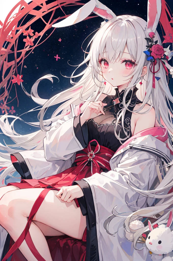 masterpiece, Highest quality, High resolution, One boy, Cream colored hair, Gray Hair, Pearly hair, Nice boy, Bunny ears, Loose-fitting clothing, Larger clothes, dark red eye, eyeの下のたるみ, dark circles under eye, Shocking pink lipstick,, She&#39;s wearing cute makeup,やみcute, Fluffy hair, Voluminous Hair, skinny, slim, very skinny, Androgynous, cute, Spooky, short hair, Horror, Faded colors, White skin, Spooky, Unnaturally thin, Hungry, eye, eye in background, sharp eye, Long eyelashes, Under the lashes, Loose shorts, lace shirt, Frilled shirt, tie a ribbon around one&#39;s neck, Detailed clothing, A loose cardigan, Open cardigan, Dripping Blood, That&#39;s horrible, nightmare, Haunted, stitch, patchwork, String, Injury, hell, Injury on arms, self-harm, cut, Black Fingers, factory, Abandoned, Scattered,  Large breasts, 