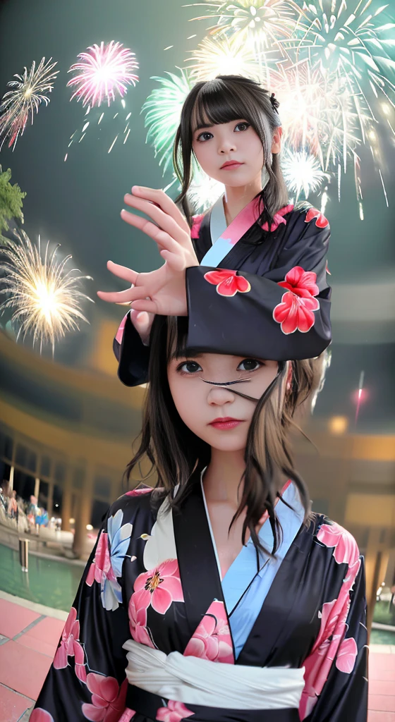 Highest quality、masterpiece、Ultra-high resolution、(Photorealistic:1.4)、RAW Photos、Detailed CG image quality、cyber punk、(Fireworks display:1.4)、Beautiful poop、One Girl、Japanese、18-year-old、(blue eyes:1.2)、Pink lipstick、Laughter、(Black hair:1.4)、Sunburned skin、(hair ornaments:1.4)、(Bathrobes:1.4), (Short length yukata:1.4)、Cleavage、Detailed portrait、8K quality、Concept Art、A dramatic, cinematic atmosphere、(Japanese Shrines:1.2)、(Japanese red and white lanterns:1.2)、Wind Chimes、(Festival Flag,)、Paper decoration、(3 + woman: 1.4)、Sharp focus、Volumetric lighting、Cinema Lighting、Colorful neon lighting、Depth of written boundary、Ambient Lighting、Blurred foreground、Blurred Background:1.3、(8mm fisheye lens:1.4)、(Angle from directly below:1.4)、(The whole body is visible:1.4)、