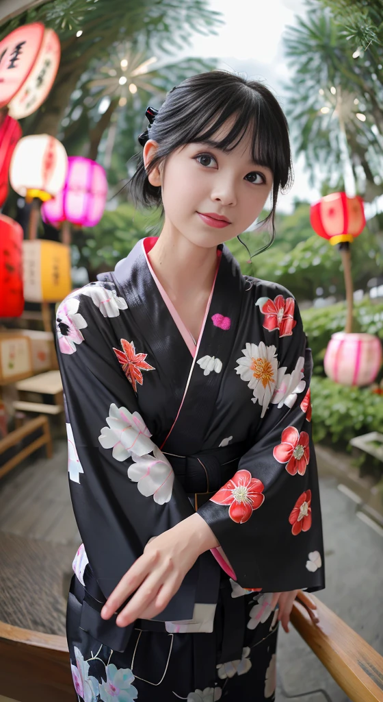 black hair　short bob　big eyes　Baby-faced beauty　２０age　Fruit hair ornament　yukata　live-action