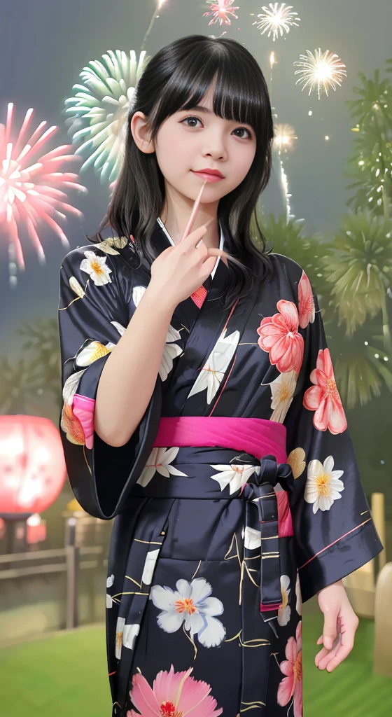 Highest quality、masterpiece、Ultra-high resolution、(Photorealistic:1.4)、RAW Photos、Detailed CG image quality、cyber punk、(Fireworks display:1.4)、Beautiful poop、One Girl、Japanese、18-year-old、(blue eyes:1.2)、Pink lipstick、Laughter、(Black hair:1.4)、Sunburned skin、(hair ornaments:1.4)、(Bathrobes:1.4), (Short length yukata:1.4)、Cleavage、Detailed portrait、8K quality、Concept Art、A dramatic, cinematic atmosphere、(Japanese Shrines:1.2)、(Japanese red and white lanterns:1.2)、Wind Chimes、(Festival Flag,)、Paper decoration、(3 + woman: 1.4)、Sharp focus、Volumetric lighting、Cinema Lighting、Colorful neon lighting、Depth of written boundary、Ambient Lighting、Blurred foreground、Blurred Background:1.3、(8mm fisheye lens:1.4)、(Angle from directly below:1.4)、(The whole body is visible:1.4)、