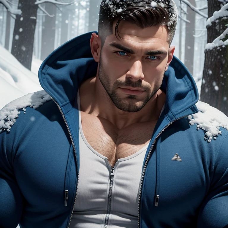 a very handsome man, mid fade haircut, massively muscular, massively large muscles, blue zip-up sweatshirt, snowy forest, covered in snow, close-up