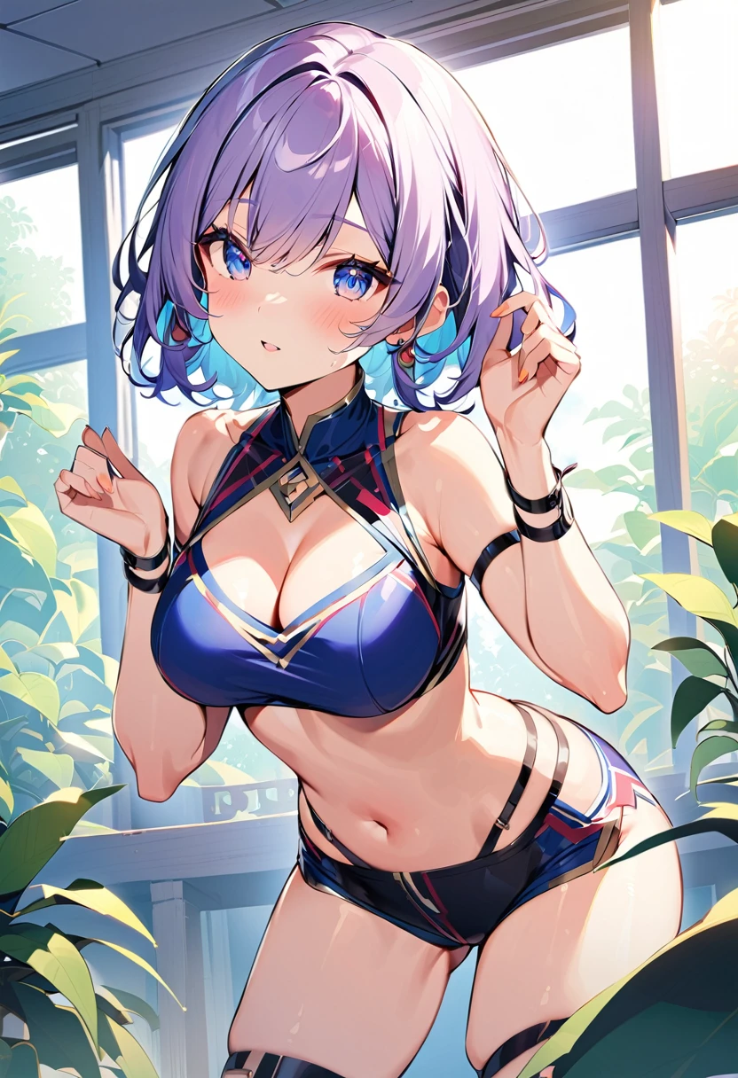 (masterpiece), Highest quality, Expressive eyes, Perfect Face, Shiny brown skin, Huge breasts, Very curvaceous, Fluffy silver hair, Bright Blue Eyes, Improve, Glossy lips, Fuller lips, attractive, smile, at home, (Crop top, Off the shoulder: 1.2), (hot pants: 1.3), Cleavage, at home, Huge breasts, Wide Hips, sweating, 1 female, sexy, (sexyな花嫁: 1.5)