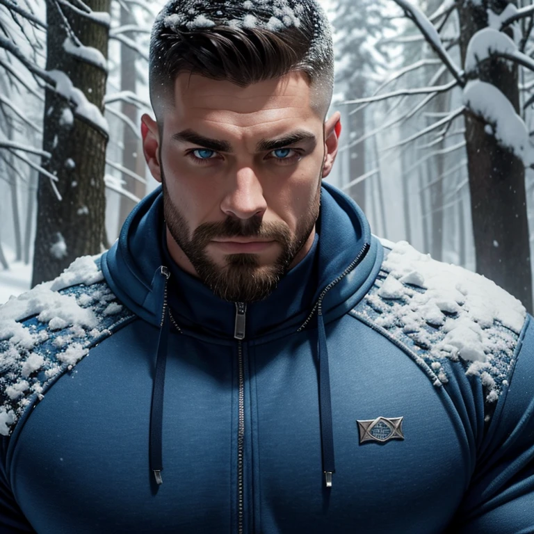 a very handsome man, mid fade haircut, massively muscular, massively large muscles, blue zip-up sweatshirt, snowy forest, covered in snow, close-up