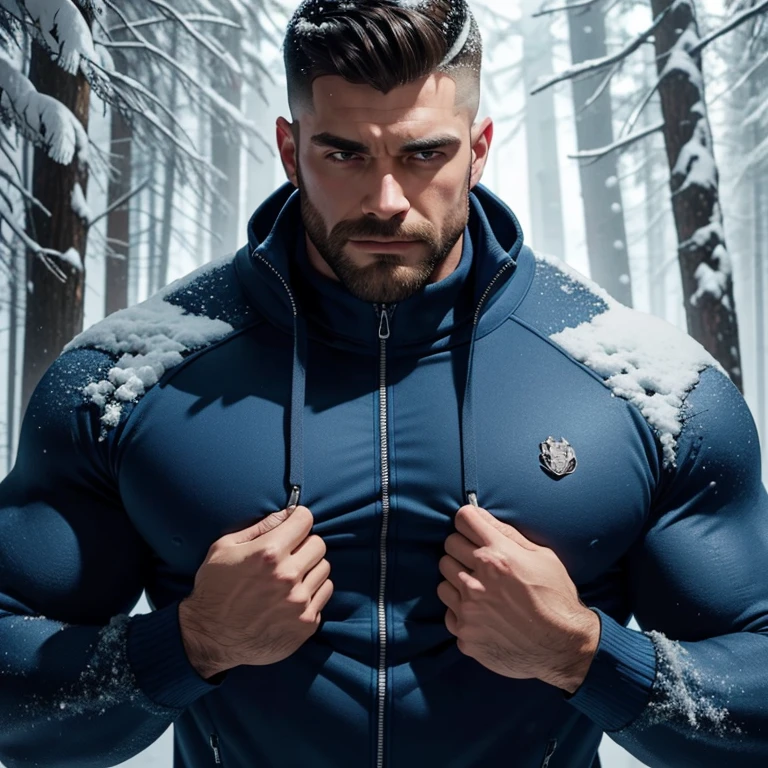 a very handsome man, mid fade haircut, massively muscular, massively large muscles, blue zip-up sweatshirt, snowy forest, covered in snow, close-up
