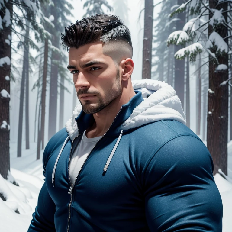 a very handsome man, mid fade haircut, massively muscular, massively large muscles, blue zip-up sweatshirt, snowy forest, covered in snow, close-up