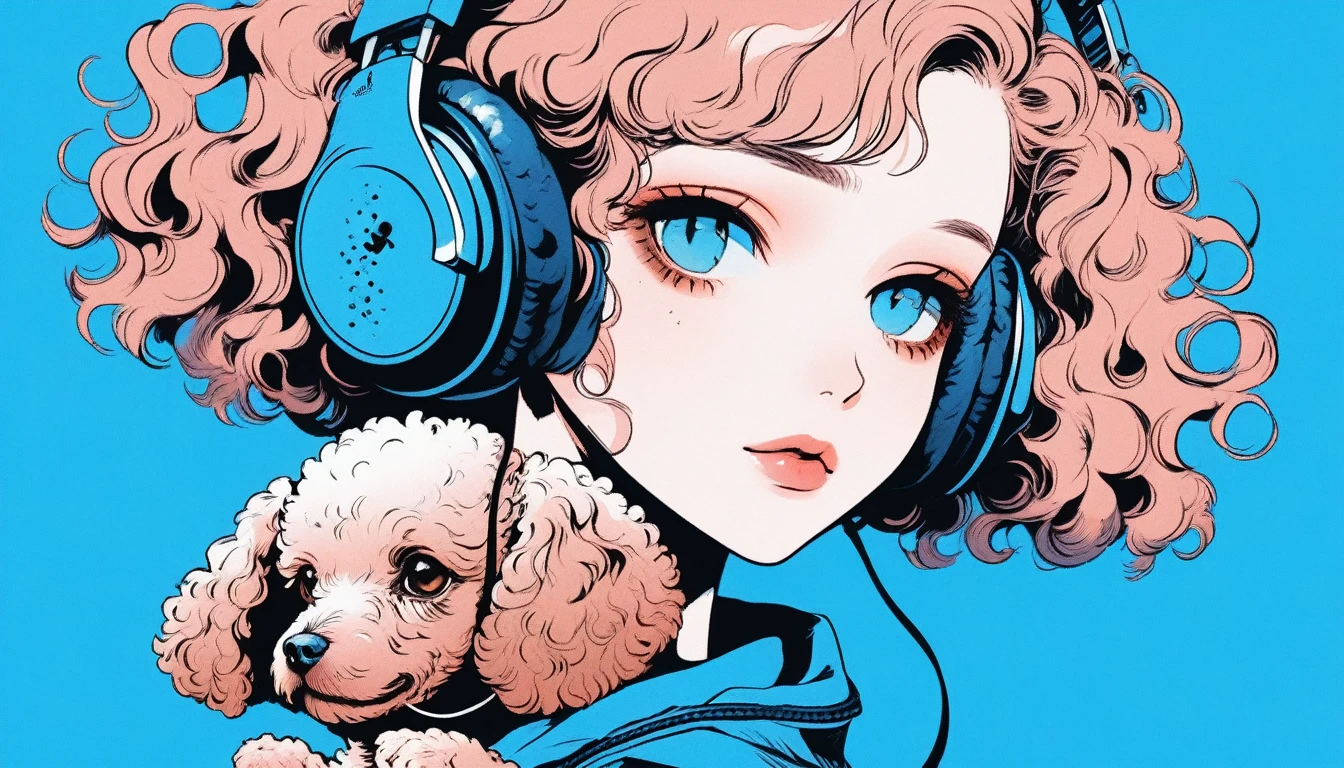 Illustrator, anime , Realistic ,sketch , A girl holding a cute brown poodle puppy wearing headphones, ,lip, T-shirt,order,Textured Trim, (masterpiece,Highest quality) Blue background, Neon Hair,Textured Trim, Canadian, (masterpiece,Highest quality) Cancer,