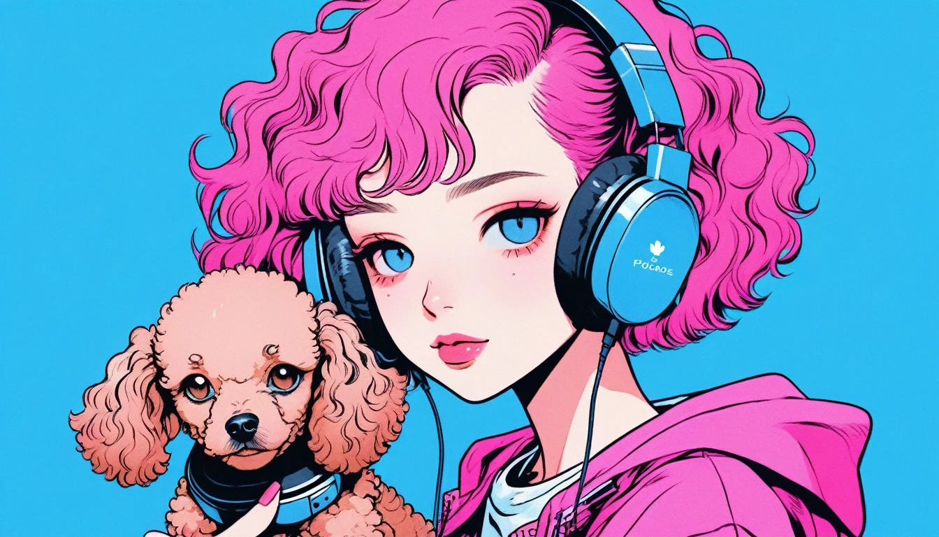 Illustrator, anime , Realistic ,sketch , A girl holding a cute brown poodle puppy wearing headphones, ,lip, T-shirt,order,Textured Trim, (masterpiece,Highest quality) Blue background, Neon Hair,Textured Trim, Canadian, (masterpiece,Highest quality) Cancer，