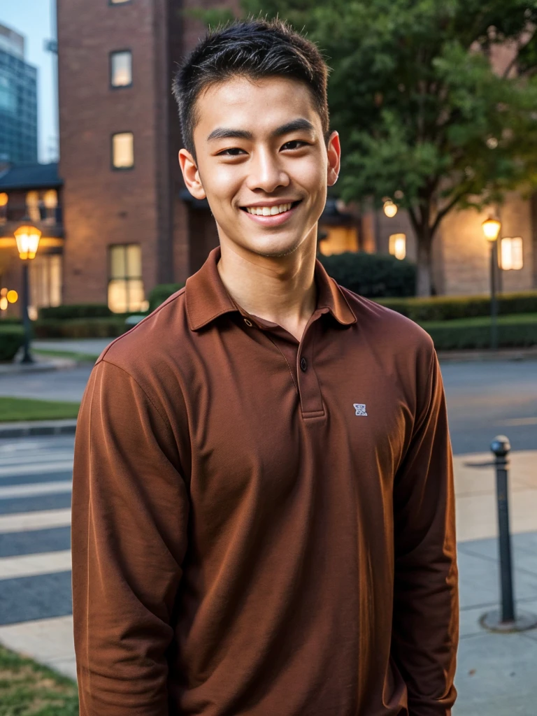 (best quality, 4K, 8k, high resolution, Masterpiece: 1.2), Special details, (realistically, As realistic as a photo, photo realistic: 1.37), Edge lighting, Extra detailed coloring, sharp focus, Physical rendering ,Extremely detailed description,professional,light color,Bokeh,Portrait,look at the viewer, Young Asian man, 20 years old ,(wearing a brown polo shirt), smile ,Wide yard