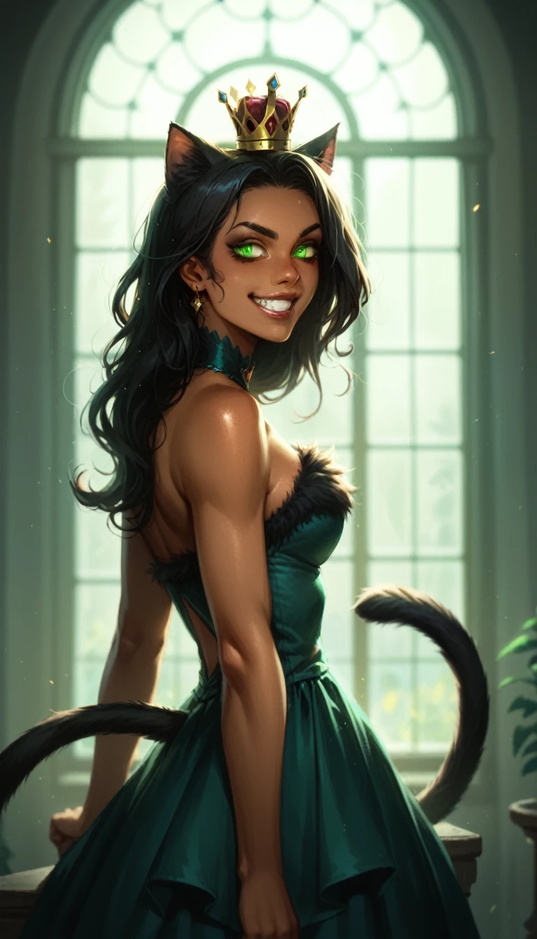score_9, score_8_up, score_7_up, 1girl, solo, flowing black hair, green eyes, ears, tail, tanned skin, demoness, (catgirl:1.2), (cat ears, cat tail, cat fur, grin), monochromatic, eerie atmosphere, (royal queen dress, diamond crown), seductive, stark white background