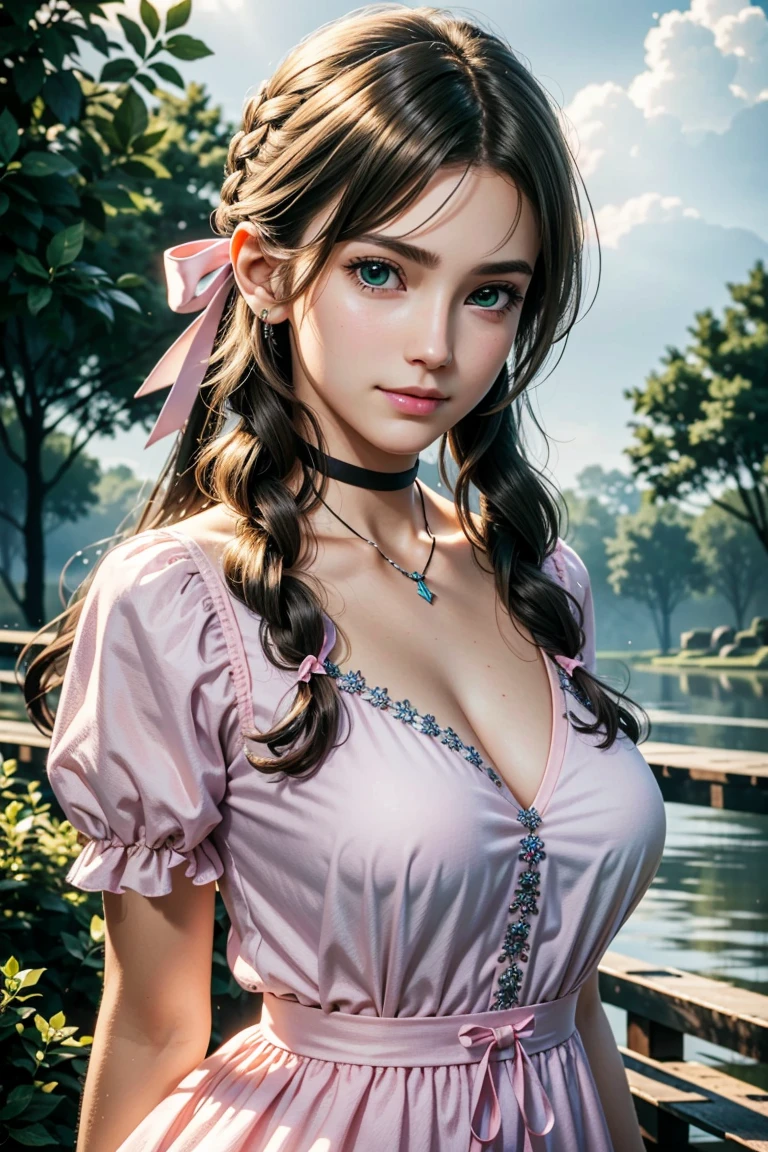 (masterpiece, 最high quality)
Aeris FF7, 1 Girl, alone, Long Hair, bangs, Brown Hair, dress, bow, ribbon, jewelry, Closed Mouth, Green Eyes, Red jacket, hair ピンクribbon, Upper Body, Braid, hair bow, Side Lock, choker, necklace, lips, parted bangs, pink bow, Portraiture, ピンクdress,  Photorealistic,Ultra HD,high quality,masterpiece,Digital SLR,Detailed details,Intricate details,Anatomical basis,Depicted in detail,A detailed face,Realistic skin texture,Vivid details,Perfect Anatomy,Perfect Anatomy,Anatomically correct hand,Anatomically correct fingers,Super Detail,Complex 3D rendering,Huge ,Sexy pose,Beautiful hydrangea,Rainy Sky,Beautiful scenery,Fantastic rainy sky,Beautiful night sky,Picturesque,Pink Lips,smile,Fantastic butterflies々,
