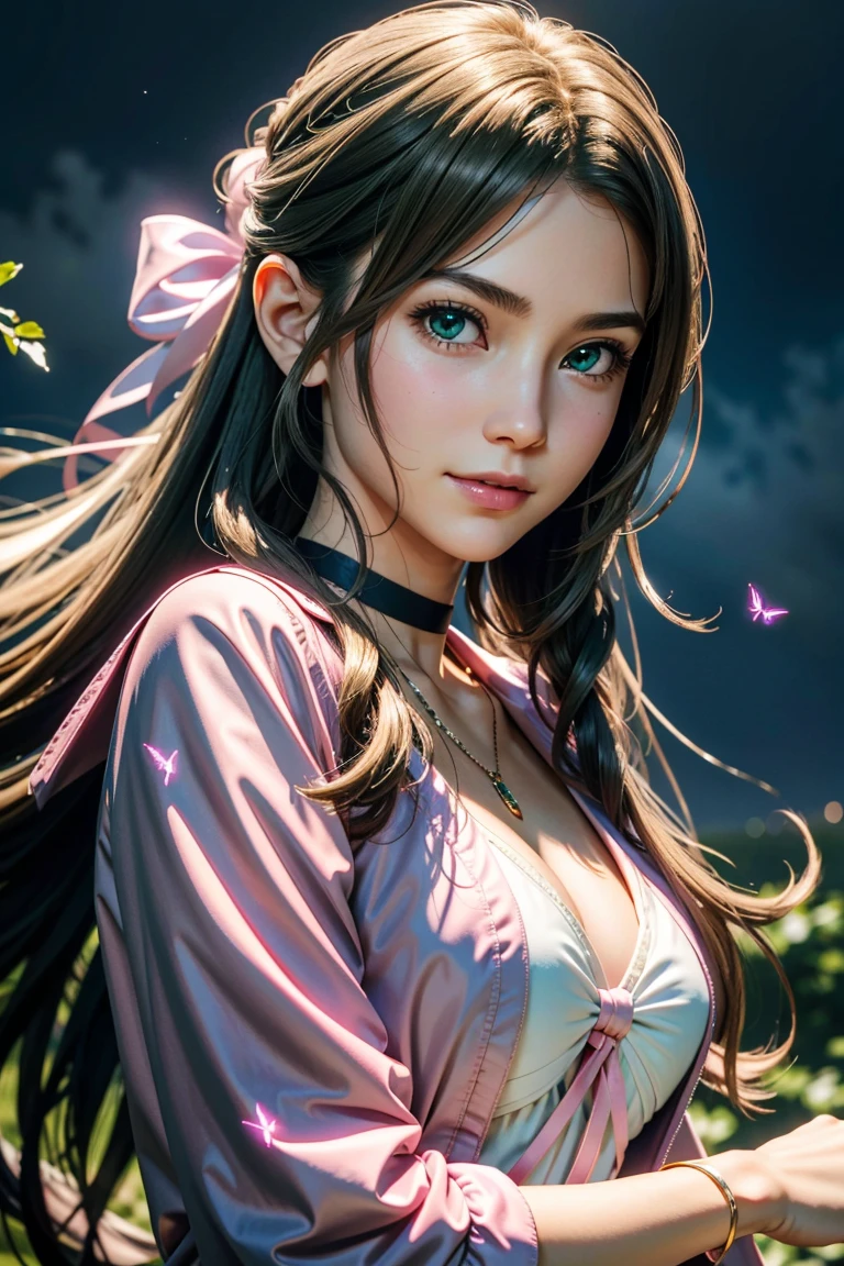 (masterpiece, 最high quality)
Aeris FF7, 1 Girl, alone, Long Hair, bangs, Brown Hair, dress, bow, ribbon, jewelry, Closed Mouth, Green Eyes, Red jacket, hair ピンクribbon, Upper Body, Braid, hair bow, Side Lock, choker, necklace, lips, parted bangs, pink bow, Portraiture, ピンクdress,  Photorealistic,Ultra HD,high quality,masterpiece,Digital SLR,Detailed details,Intricate details,Anatomical basis,Depicted in detail,A detailed face,Realistic skin texture,Vivid details,Perfect Anatomy,Perfect Anatomy,Anatomically correct hand,Anatomically correct fingers,Super Detail,Complex 3D rendering,Huge ,Sexy pose,Beautiful hydrangea,Rainy Sky,Beautiful scenery,Fantastic rainy sky,Beautiful night sky,Picturesque,Pink Lips,smile,Fantastic butterflies々,
