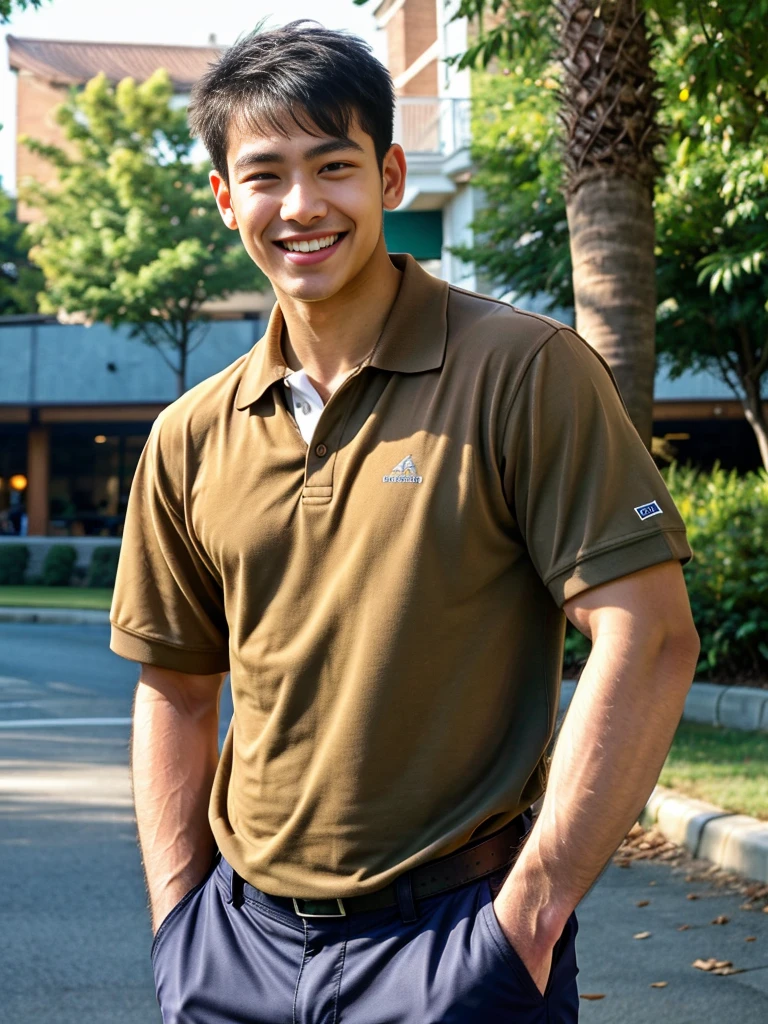 (best quality, 4K, 8k, high resolution, Masterpiece: 1.2), Special details, (realistically, As realistic as a photo, photo realistic: 1.37), Edge lighting, Extra detailed coloring, sharp focus, Physical rendering ,Extremely detailed description,professional,light color,Bokeh,Portrait,look at the viewer, Young Asian man, 20 years old ,(wearing a brown polo shirt), smile ,Wide yard