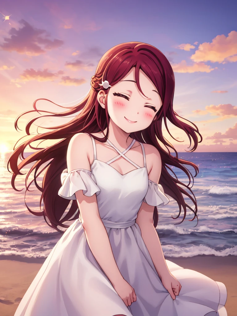 (masterpiece, Highest quality), One girl,  Riko Sakurauchi、smile, Blushing, Shiny Hair, Hair blowing in the wind, Close your eyes and lean in close, Sparkle Effect, beach、Sunset、Ocean、White dress