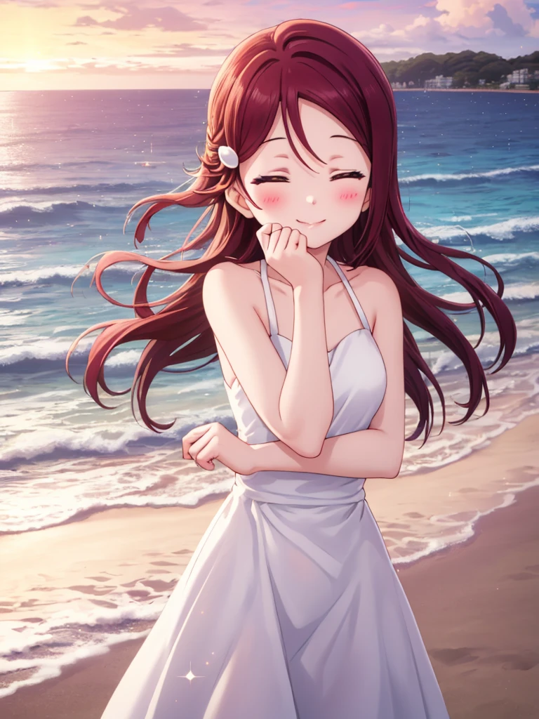 (masterpiece, Highest quality), One girl,  Riko Sakurauchi、smile, Blushing, Shiny Hair, Hair blowing in the wind, Close your eyes and lean in close, Sparkle Effect, beach、Sunset、Ocean、White dress