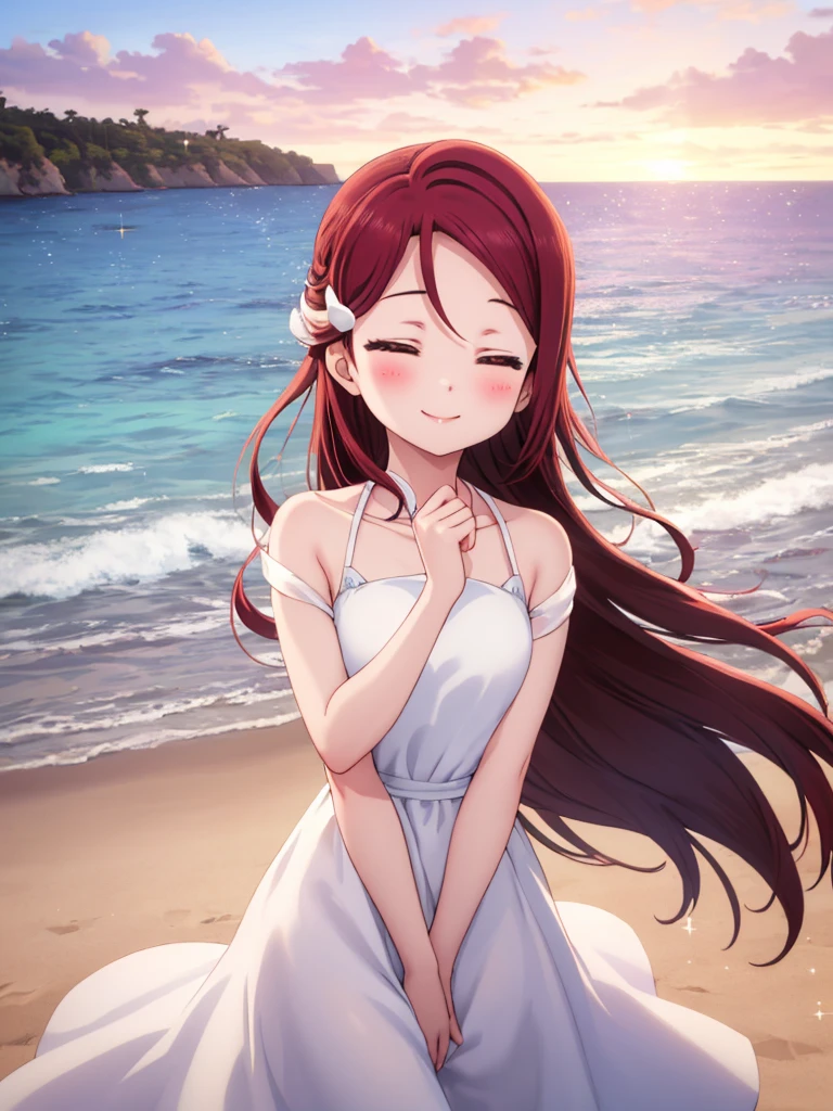 (masterpiece, Highest quality), One girl,  Riko Sakurauchi、smile, Blushing, Shiny Hair, Hair blowing in the wind, Close your eyes and lean in close, Sparkle Effect, beach、Sunset、Ocean、White dress