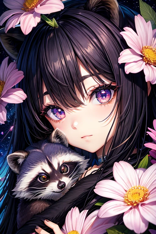 Raccoon with big galaxy eyes, Floral,