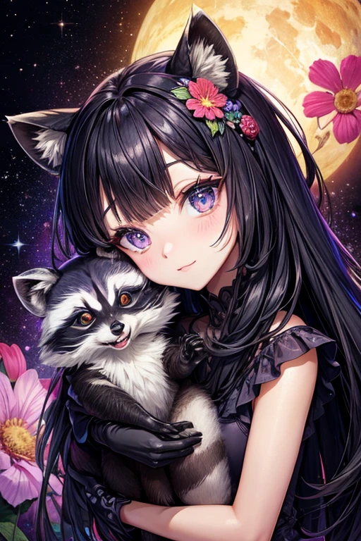 Raccoon with big galaxy eyes, Floral, 