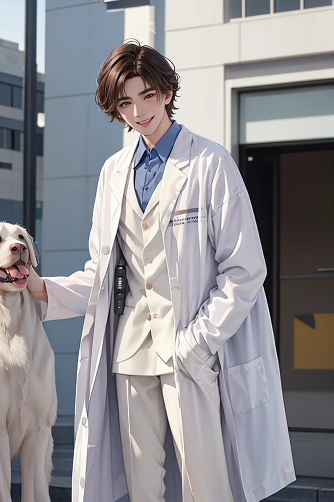 Doctor, 1 man, solo, sitting (Looking at the audience), (white lab coat:1.5), ,Stylish clothes who is an adult /(brown hair/) smile kindly (The best quality masterpiece:1.2) , Delicate illustrations, Special details, ( In front of the hospital