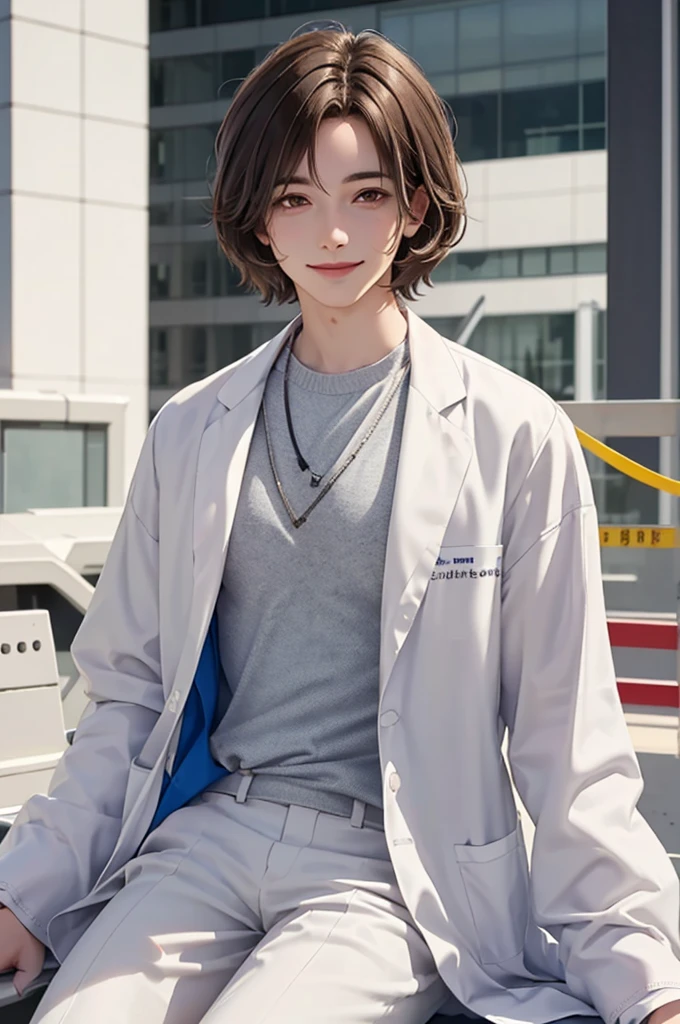 Doctor, 1 man, solo, sitting (Looking at the audience), (white lab coat:1.5), ,Stylish clothes who is an adult /(brown hair/) smile kindly (The best quality masterpiece:1.2) , Delicate illustrations, Special details, ( In front of the hospital