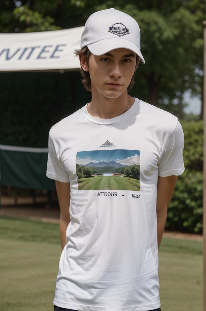 Generate a ultra fine realistic mockup of a Stanley Stella STTU755 t-shirt worn by a skinny arm tattoo male model with baseball cap. The model should be standing in a casual pose, with the t-shirt clearly visible from the front. The t-shirt should be plain white without any prints, text or designs. The background should be simple and clear golfcourse. Ensure the lighting is perfect for an online shop, highlighting the t-shirt's details and fabric quality. The overall image should be clean and professional, focusing on the t-shirt and the model.