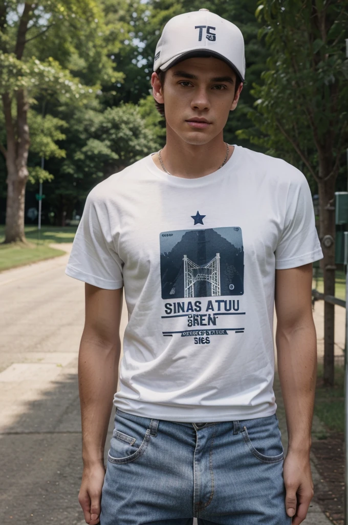 Generate a ultra fine realistic mockup of a Stanley Stella STTU755 t-shirt worn by a skinny arm tattoo male model with baseball cap. The model should be standing in a casual pose, with the t-shirt clearly visible from the front. The t-shirt should be plain white without any prints, text or designs. The background should be simple and clear golfcourse. Ensure the lighting is perfect for an online shop, highlighting the t-shirt's details and fabric quality. The overall image should be clean and professional, focusing on the t-shirt and the model.