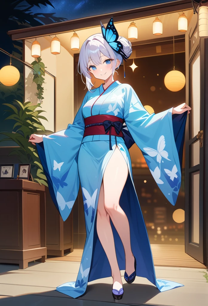 High resolution, masterpiece, accurate, Anatomically correct, Winner of numerous awards, Highest quality, High-resolution model, 
One girl, solo, 
Silver Hair，Bun Hair, 
Ice Blue Eyes, Butterfly Hair Ornament Smiling Yukata, Festive night background full body