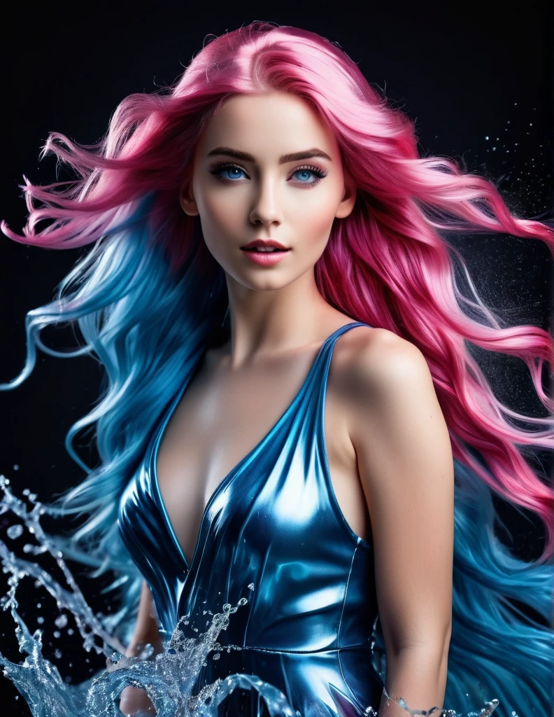 Very attractive 25 year old female with long wavy bright pink hair, blue/silver liquid metal model，(masterpiece, best quality:1.2),  elsa model,  Blank Background，Spellcasting pose，Splashing metal，Blurred foreground photo quality