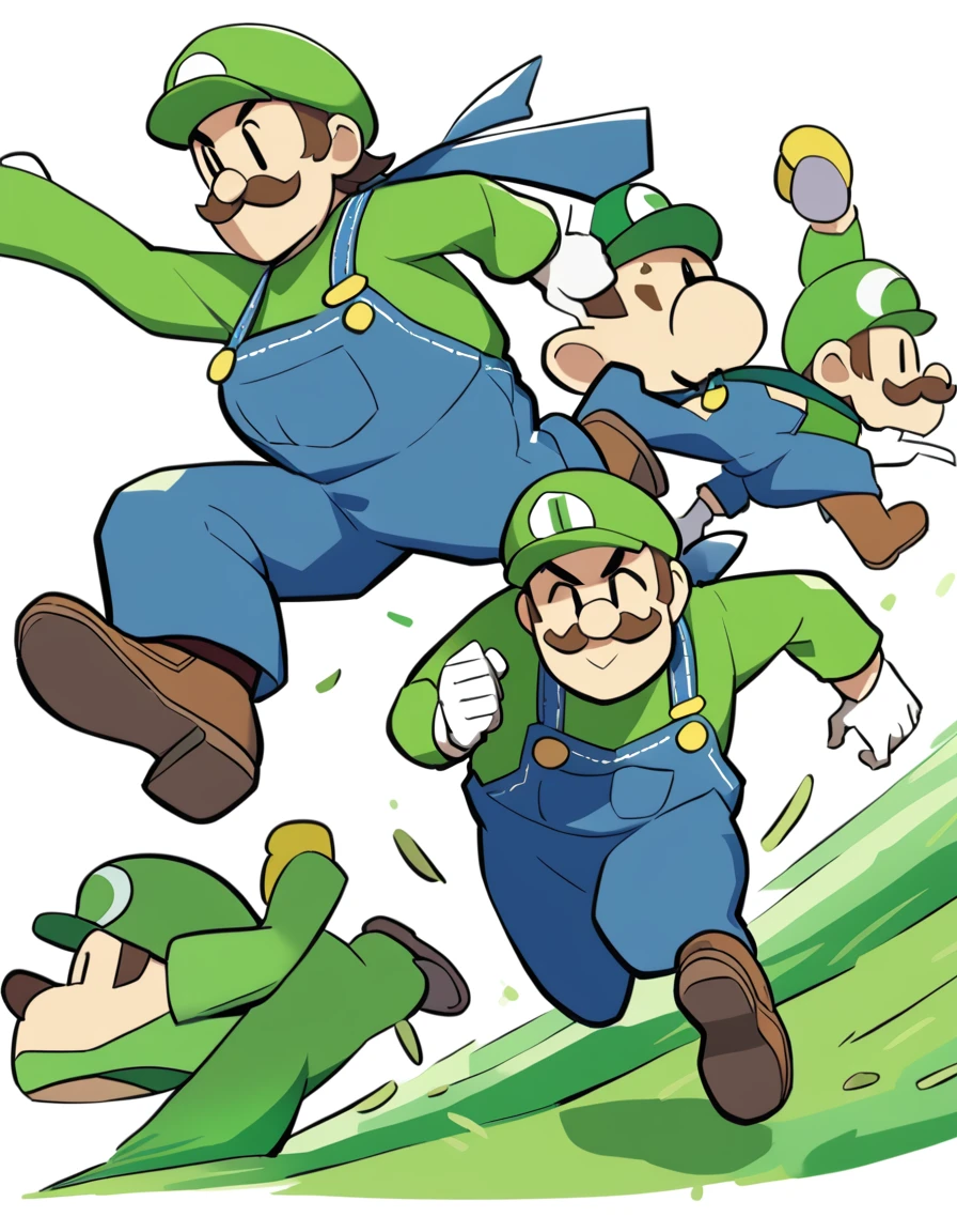 1Luigi ,  large mustache, green shirt, blue overalls with yellow buttons, white gloves, and brown shoes running and jumping